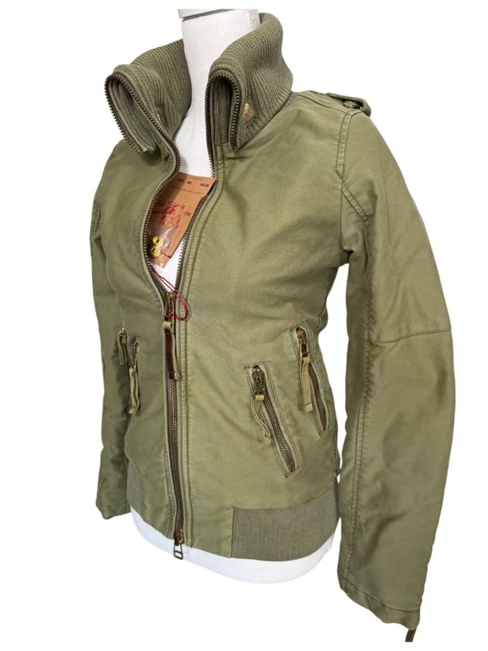 True Religion Military Green Bomber Funnel Knit Jacket Womens XS Stylish Casual - Picture 10 of 16